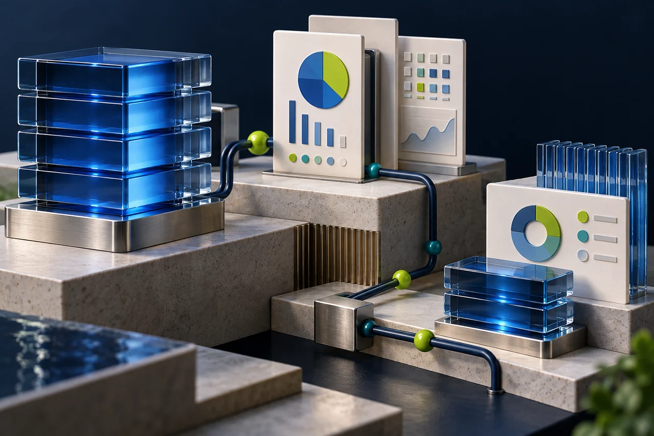 Sculptural illustration of glass data stacks and interface panels joined by physical connections